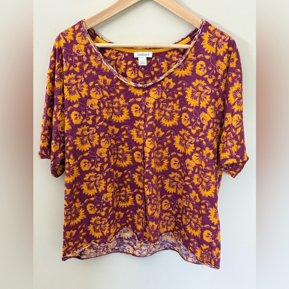 Sundance Vienna Cotton Tshirt Orange Floral Raw Hem Boxy Fit Size Large - Picture 1 of 6